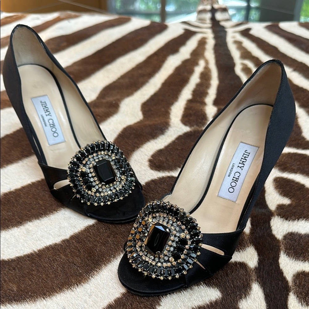 Jimmy Choo Black Satin Crystal Embellished Heels